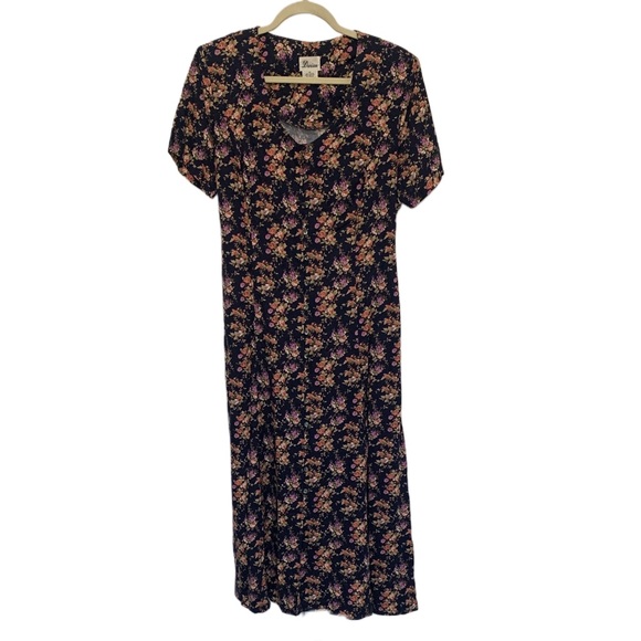 Vintage Dark Blue Floral Button Down Short Sleeve Maxi Dress - Picture 1 of 10